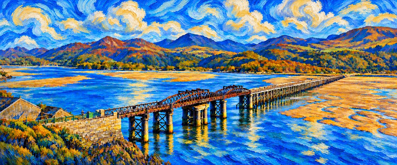 Painting of Barmouth Bridge and the Mawddach Estuary, based on a real photograph